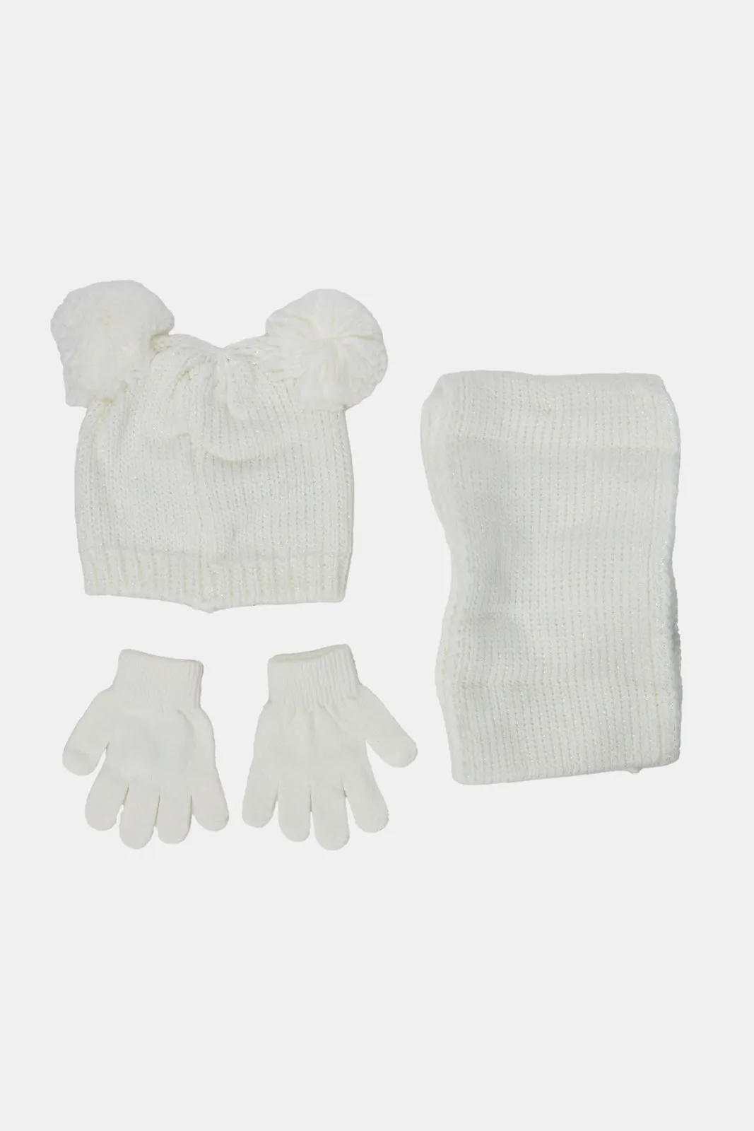 Girls White Knitted Scarf Set (3 Piece)